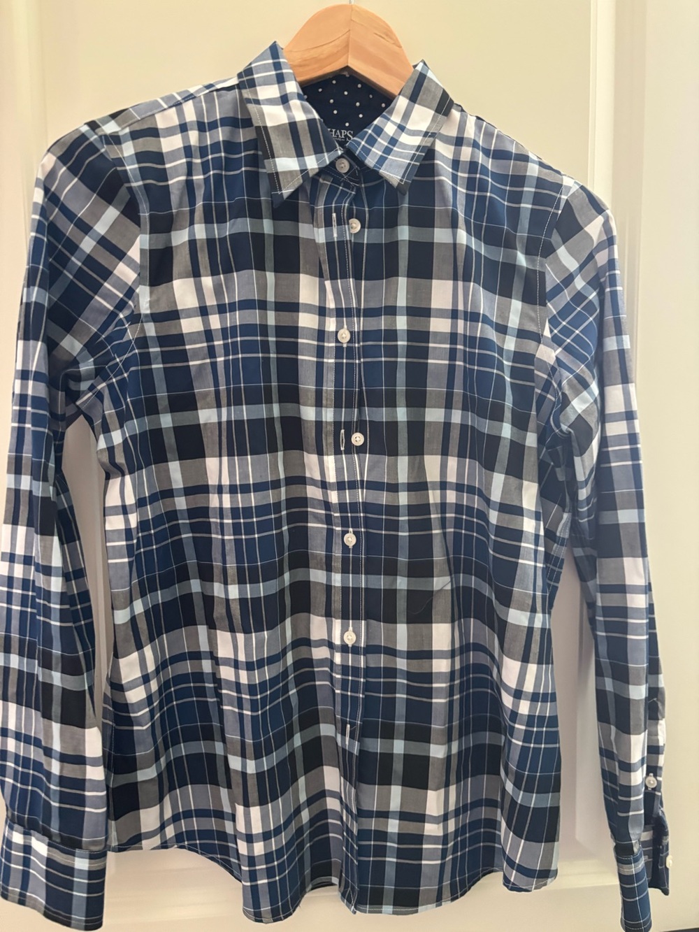 Chaps Petite Women’s Medium No-Iron Button Front Shirt Plaid Blue White - NWOT